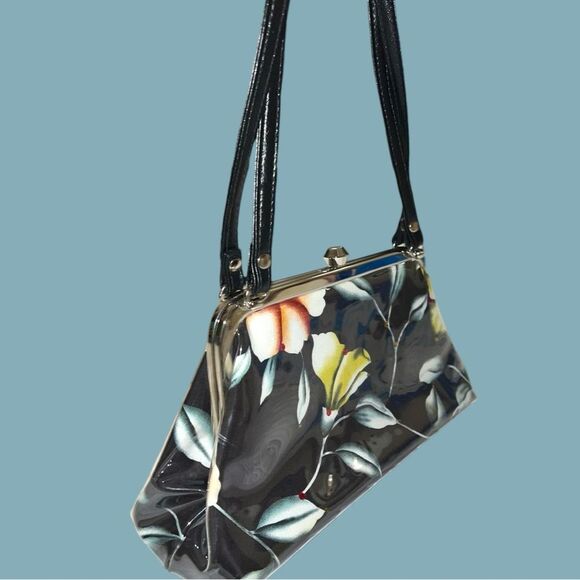 Adorable black patten leather look satchel white clasp closure! - Picture 13 of 17